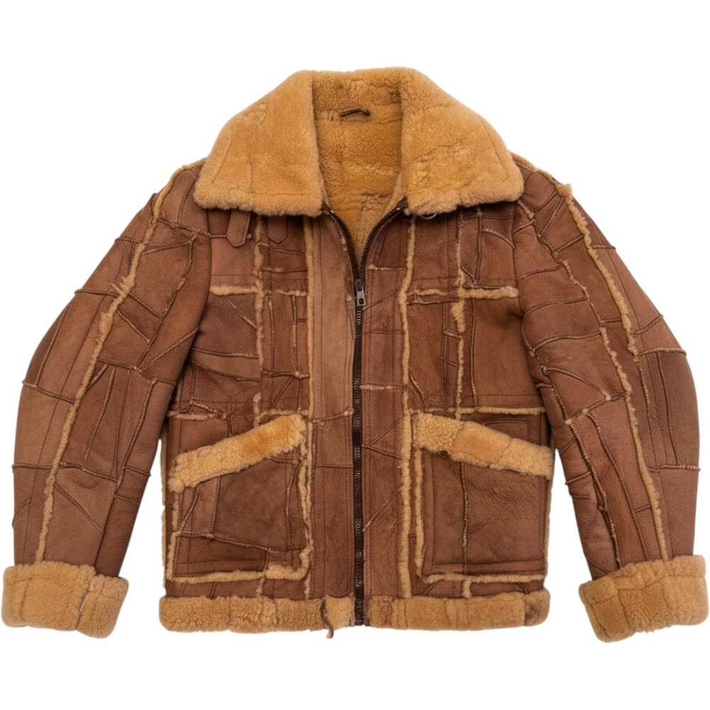 Vintage Patchwork Shearling Sheepskin Jacket Brown Boho Aviator Bomber Small